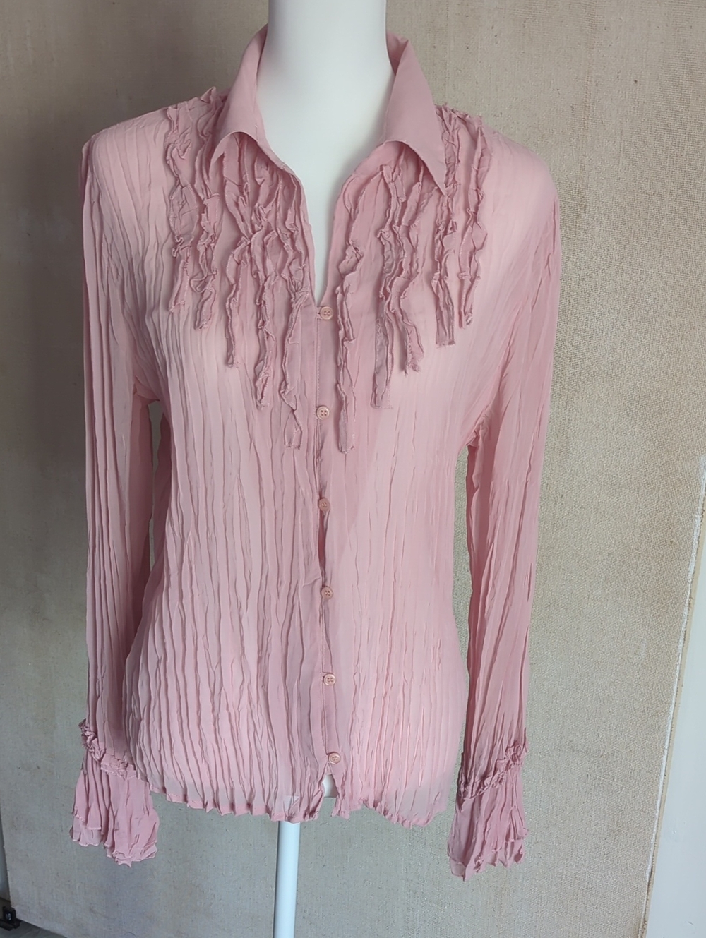 Apt. 9 Pleated Crinkle Light Pink Ruffle-Detail Button-Up Semi Sheer Blouse